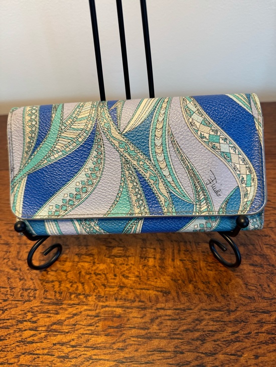 Emilio Pucci Handbags - Emilio Pucci Vintage Blue Geometric Swirl Print Leather Continental Flap Wallet